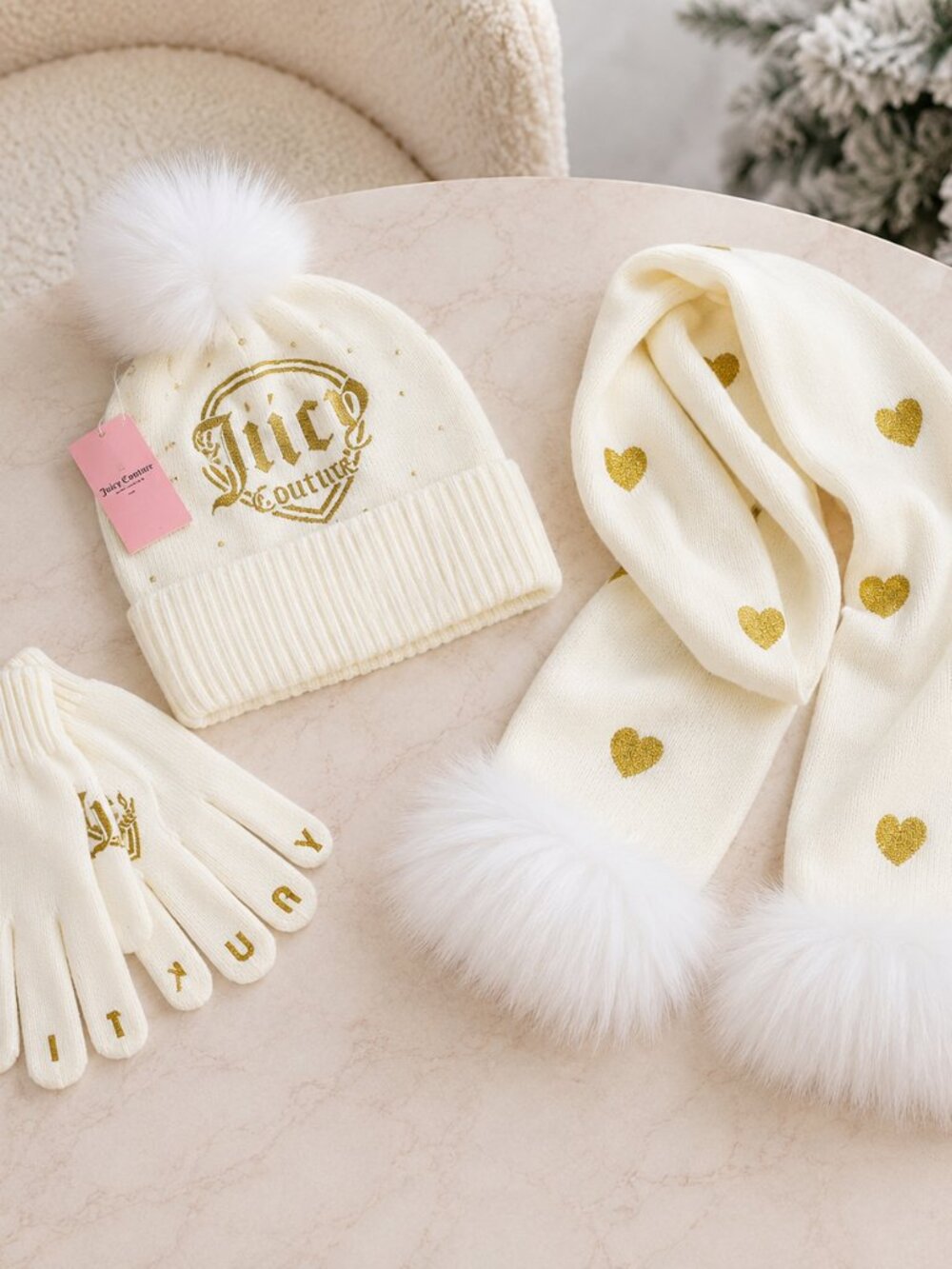 Juicy Couture Kids Beanie Scarf Gloves Set Metallic Hearts NWT